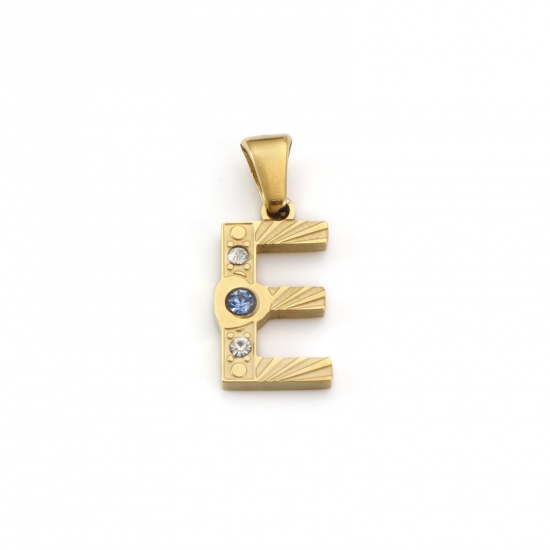 Immagine di 1 Pz Placcatura Sottovuoto PVD Ecologica 304 Acciaio Inossidabile Ciondoli Pendenti Placcato Oro 18K Lettera Maiuscola Messaggio " E " Blu Cubic Zirconiae 23mm x 10mm