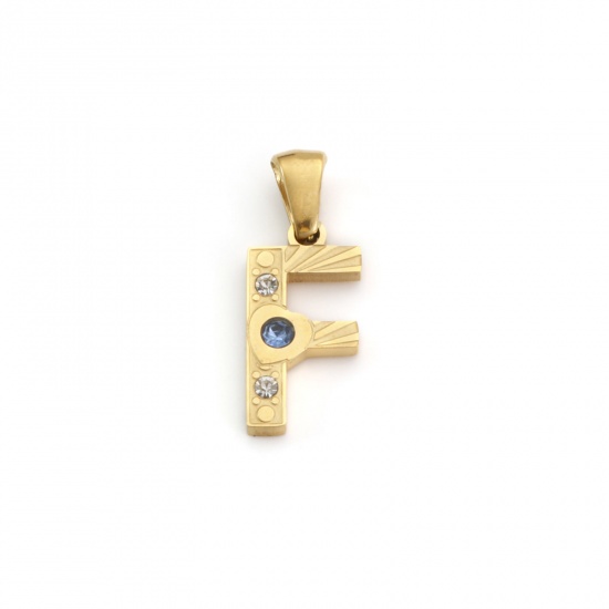 Immagine di 1 Pz Placcatura Sottovuoto PVD Ecologica 304 Acciaio Inossidabile Ciondoli Pendenti Placcato Oro 18K Lettera Maiuscola Messaggio " F " Blu Cubic Zirconiae 23mm x 9mm