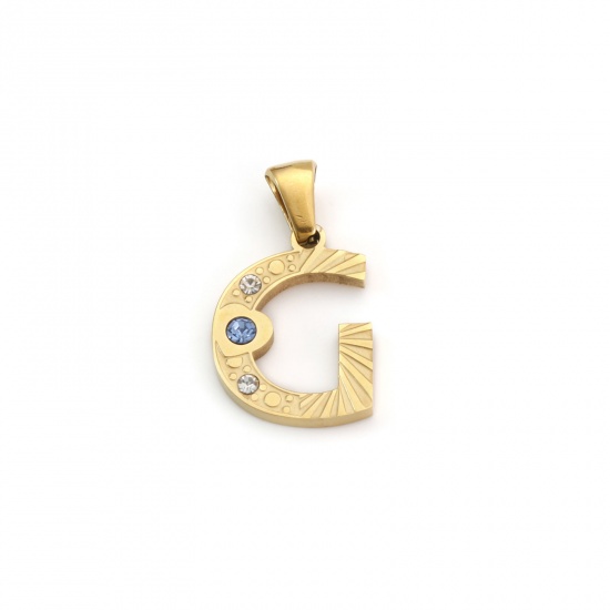 Immagine di 1 Pz Placcatura Sottovuoto PVD Ecologica 304 Acciaio Inossidabile Ciondoli Pendenti Placcato Oro 18K Lettera Maiuscola Messaggio " G " Blu Cubic Zirconiae 24mm x 13mm