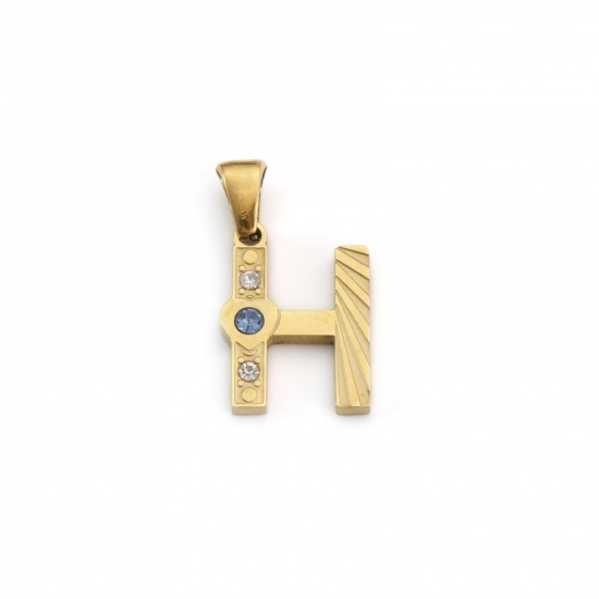 Immagine di 1 Pz Placcatura Sottovuoto PVD Ecologica 304 Acciaio Inossidabile Ciondoli Pendenti Placcato Oro 18K Lettera Maiuscola Messaggio " H " Blu Cubic Zirconiae 23mm x 13mm