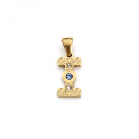 Immagine di 1 Pz Placcatura Sottovuoto PVD Ecologica 304 Acciaio Inossidabile Ciondoli Pendenti Placcato Oro 18K Lettera Maiuscola Messaggio " I " Blu Cubic Zirconiae 23mm x 8.5mm