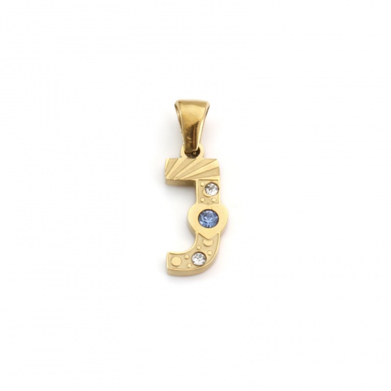 Immagine di 1 Pz Placcatura Sottovuoto PVD Ecologica 304 Acciaio Inossidabile Ciondoli Pendenti Placcato Oro 18K Lettera Maiuscola Messaggio " J " Blu Cubic Zirconiae 23mm x 8mm