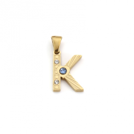 Immagine di 1 Pz Placcatura Sottovuoto PVD Ecologica 304 Acciaio Inossidabile Ciondoli Pendenti Placcato Oro 18K Lettera Maiuscola Messaggio " K " Blu Cubic Zirconiae 23mm x 12mm