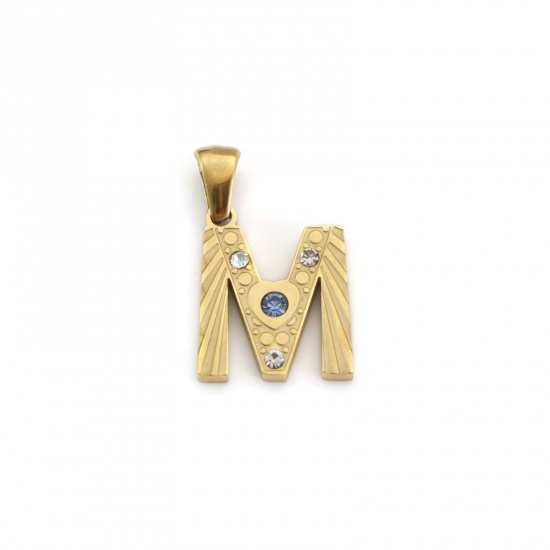 Immagine di 1 Pz Placcatura Sottovuoto PVD Ecologica 304 Acciaio Inossidabile Ciondoli Pendenti Placcato Oro 18K Lettera Maiuscola Messaggio " M " Blu Cubic Zirconiae 23mm x 14mm