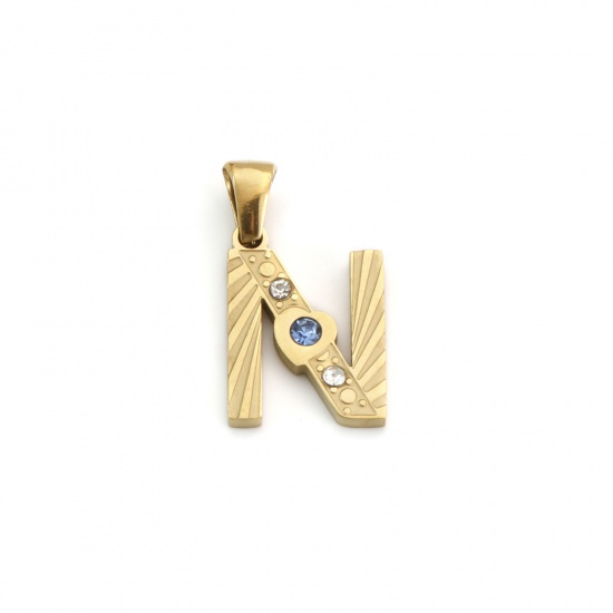 Immagine di 1 Pz Placcatura Sottovuoto PVD Ecologica 304 Acciaio Inossidabile Ciondoli Pendenti Placcato Oro 18K Lettera Maiuscola Messaggio " N " Blu Cubic Zirconiae 23mm x 13mm