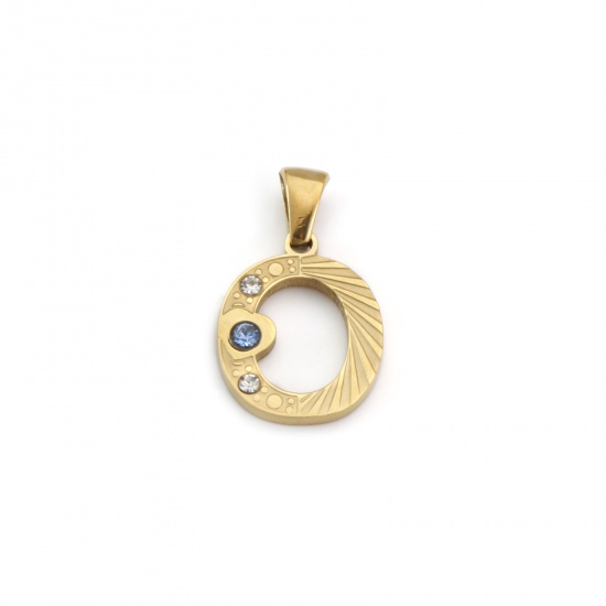 Immagine di 1 Pz Placcatura Sottovuoto PVD Ecologica 304 Acciaio Inossidabile Ciondoli Pendenti Placcato Oro 18K Lettera Maiuscola Messaggio " O " Blu Cubic Zirconiae 24mm x 14mm