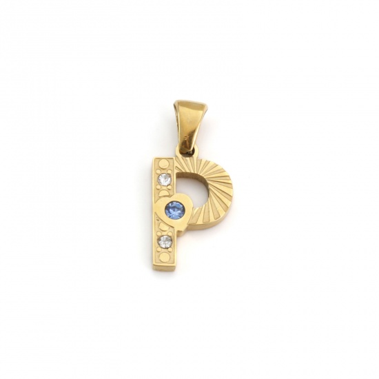 Immagine di 1 Pz Placcatura Sottovuoto PVD Ecologica 304 Acciaio Inossidabile Ciondoli Pendenti Placcato Oro 18K Lettera Maiuscola Messaggio " P " Blu Cubic Zirconiae 23mm x 10mm