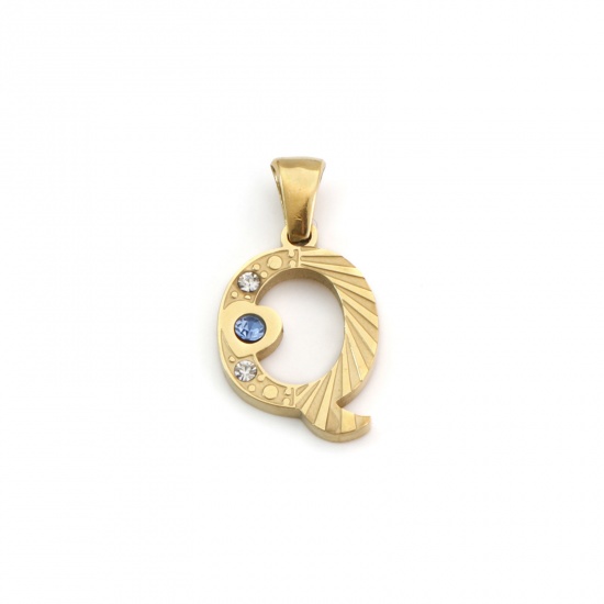 Immagine di 1 Pz Placcatura Sottovuoto PVD Ecologica 304 Acciaio Inossidabile Ciondoli Pendenti Placcato Oro 18K Lettera Maiuscola Messaggio " Q " Blu Cubic Zirconiae 24mm x 13mm