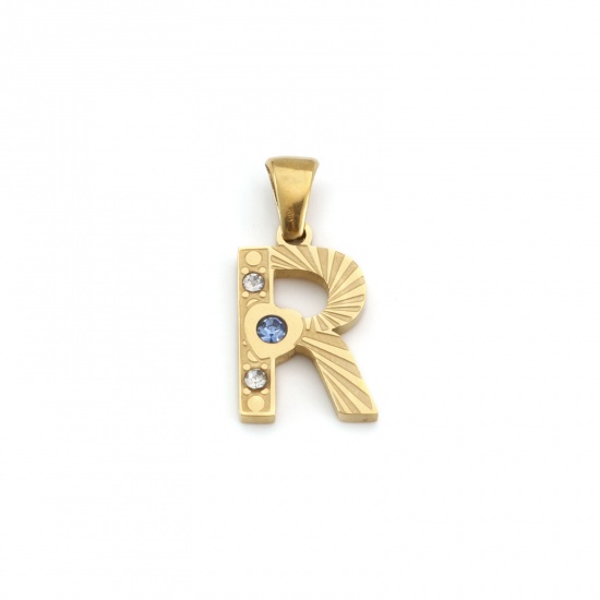 Immagine di 1 Pz Placcatura Sottovuoto PVD Ecologica 304 Acciaio Inossidabile Ciondoli Pendenti Placcato Oro 18K Lettera Maiuscola Messaggio " R " Blu Cubic Zirconiae 23mm x 11mm
