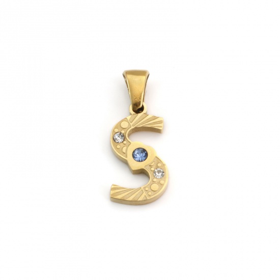 Immagine di 1 Pz Placcatura Sottovuoto PVD Ecologica 304 Acciaio Inossidabile Ciondoli Pendenti Placcato Oro 18K Lettera Maiuscola Messaggio " S " Blu Cubic Zirconiae 24mm x 9.5mm