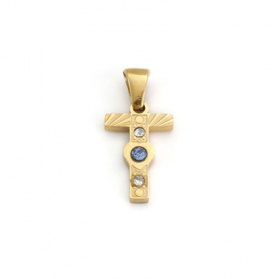 Immagine di 1 Pz Placcatura Sottovuoto PVD Ecologica 304 Acciaio Inossidabile Ciondoli Pendenti Placcato Oro 18K Lettera Maiuscola Messaggio " T " Blu Cubic Zirconiae 23mm x 11mm