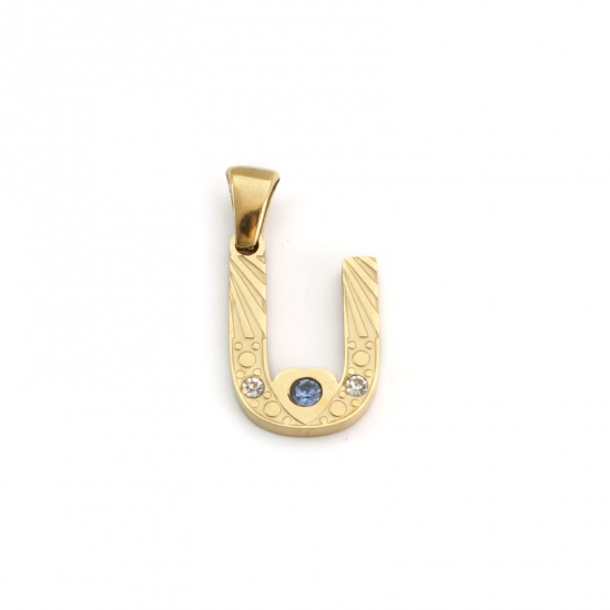 Immagine di 1 Pz Placcatura Sottovuoto PVD Ecologica 304 Acciaio Inossidabile Ciondoli Pendenti Placcato Oro 18K Lettera Maiuscola Messaggio " U " Blu Cubic Zirconiae 23mm x 12mm
