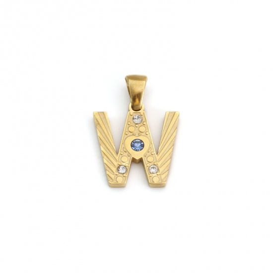 Immagine di 1 Pz Placcatura Sottovuoto PVD Ecologica 304 Acciaio Inossidabile Ciondoli Pendenti Placcato Oro 18K Lettera Maiuscola Messaggio " W " Blu Cubic Zirconiae 23mm x 16mm