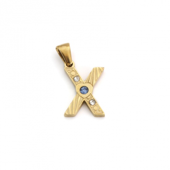 Immagine di 1 Pz Placcatura Sottovuoto PVD Ecologica 304 Acciaio Inossidabile Ciondoli Pendenti Placcato Oro 18K Lettera Maiuscola Messaggio " X " Blu Cubic Zirconiae 23mm x 12mm