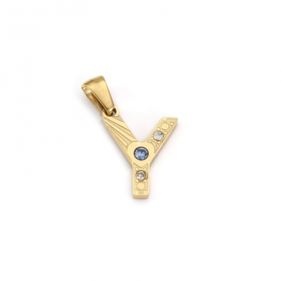 Immagine di 1 Pz Placcatura Sottovuoto PVD Ecologica 304 Acciaio Inossidabile Ciondoli Pendenti Placcato Oro 18K Lettera Maiuscola Messaggio " Y " Blu Cubic Zirconiae 23mm x 13mm