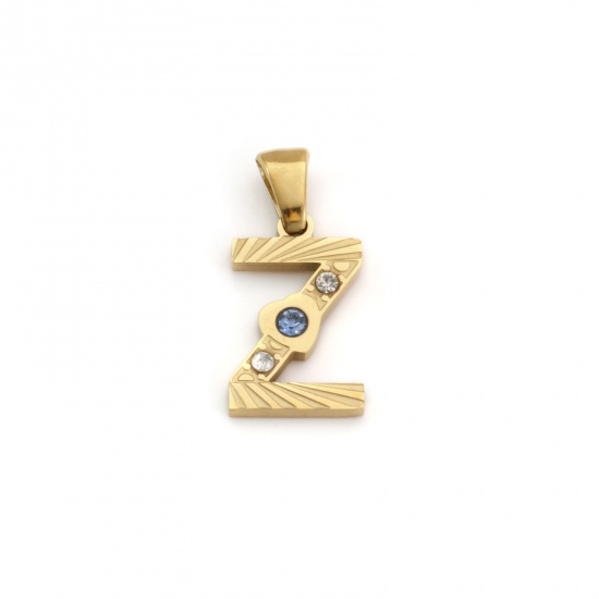 Immagine di 1 Pz Placcatura Sottovuoto PVD Ecologica 304 Acciaio Inossidabile Ciondoli Pendenti Placcato Oro 18K Lettera Maiuscola Messaggio " Z " Blu Cubic Zirconiae 23mm x 11mm