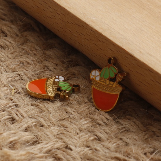 Immagine di 1 Pz Placcatura Sottovuoto PVD Ecologica 304 Acciaio Inossidabile Ciondoli Placcato Oro 18K Multicolore Limone Bevande Smalto 15mm x 13mm