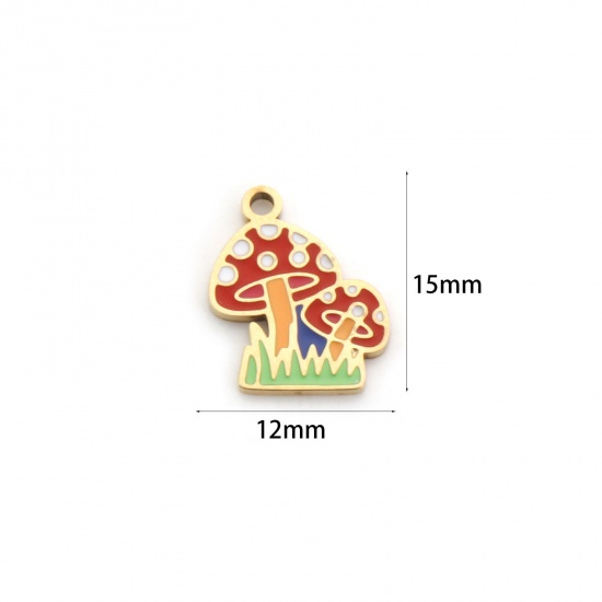 Image de 1 Pièce Breloques en 304 Acier Inoxydable Revêtement sous Vide PVD Respectueux de l'Environnement Plaqué Or 18K Multicolore Champignon Émail 15mm x 12mm