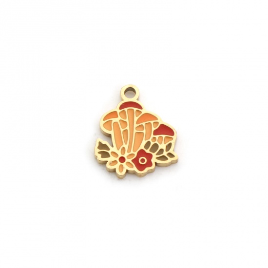 Image de 1 Pièce Breloques en 304 Acier Inoxydable Revêtement sous Vide PVD Respectueux de l'Environnement Plaqué Or 18K Multicolore Champignon Émail 14mm x 12mm