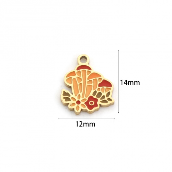 Image de 1 Pièce Breloques en 304 Acier Inoxydable Revêtement sous Vide PVD Respectueux de l'Environnement Plaqué Or 18K Multicolore Champignon Émail 14mm x 12mm