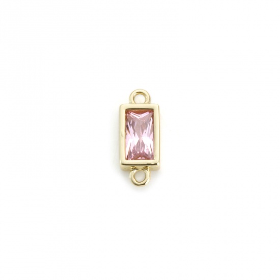 Picture of 2 PCs Brass & Glass Connectors Charms Pendants 18K Gold Plated Pink Rectangle Faceted 15mm x 6mm