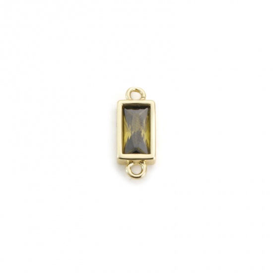 Picture of 2 PCs Brass & Glass Connectors Charms Pendants 18K Gold Plated Olive Green Rectangle Faceted 15mm x 6mm