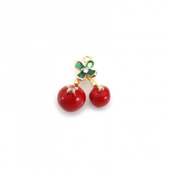 Image de 1 Pièce Breloques en Laiton Plaqué Or 18K Rouge & Vert Émail Cerise 3D à Zircone Cubique Clair 17.4mm x 17mm
