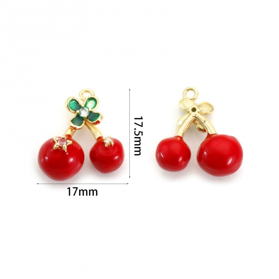 Image de 1 Pièce Breloques en Laiton Plaqué Or 18K Rouge & Vert Émail Cerise 3D à Zircone Cubique Clair 17.4mm x 17mm