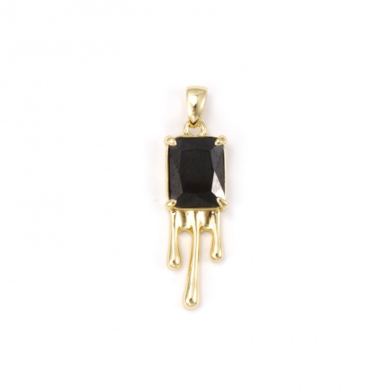 Picture of 1 Piece Eco-friendly Brass Pendants 18K Real Gold Plated Rectangle Black Cubic Zirconia 3cm x 0.8cm