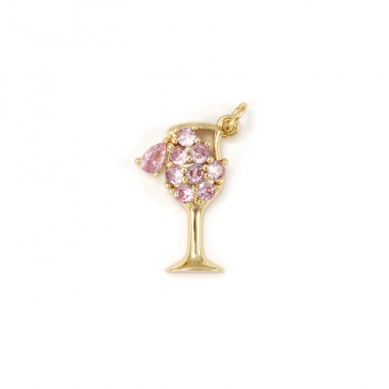 Immagine di 1 Pz Ecologico Ottone Ciondoli 18K Vero Oro Placcato Bicchiere da vino Micro Spianare Rosa Cubic Zirconiae 25mm x 15mm