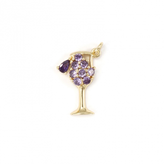 Immagine di 1 Pz Ecologico Ottone Ciondoli 18K Vero Oro Placcato Bicchiere da vino Micro Spianare Viola Cubic Zirconiae 25mm x 15mm