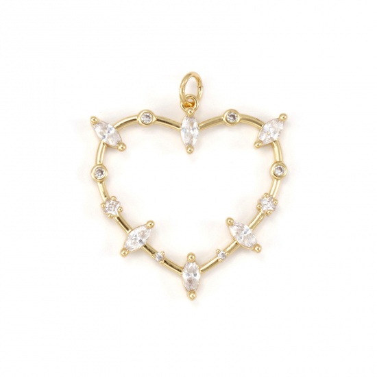 Image de 1 Pièce Pendentifs La Saint Valentin Respectueux de la Nature en Laiton Plaqué Or Véritable 18K Cœur Micro Pave à Zircone Cubique Clair 3.2cm x 2.8cm