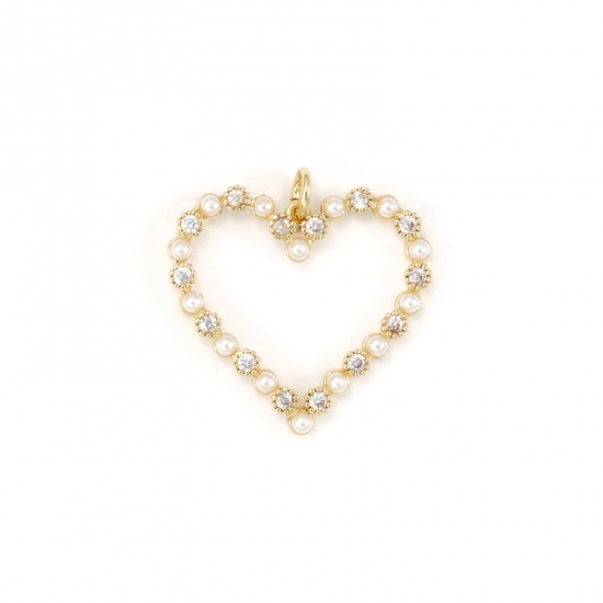 Image de 1 Pièce Breloques La Saint Valentin Respectueux de la Nature en Laiton Plaqué Or Véritable 18K Cœur Perle Imitation Acrylique à Zircone Cubique Clair 25mm x 25mm