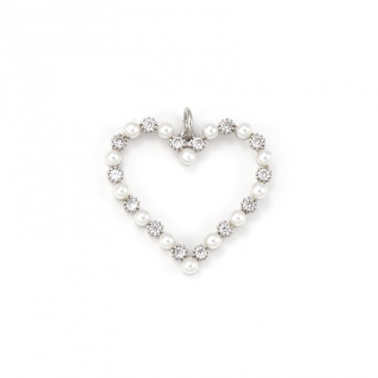 Image de 1 Pièce Breloques La Saint Valentin Respectueux de la Nature en Laiton Plaqué Platine Véritable Cœur Perle Imitation Acrylique à Zircone Cubique Clair 25mm x 25mm