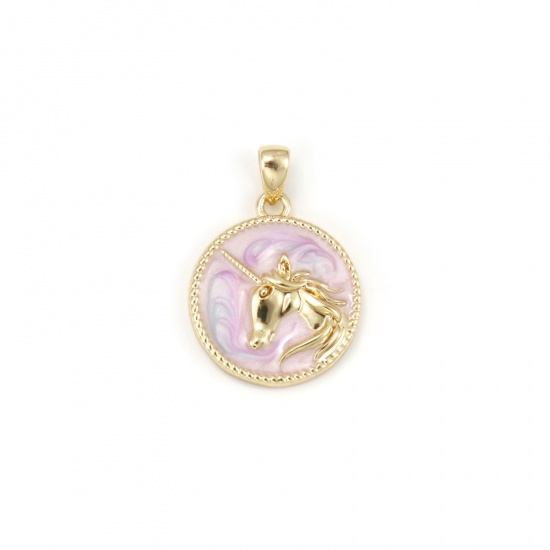 Imagen de 1 Unidad Respetuoso del Medio Ambiente Latón Colgantes Charms 18K Oro Real Chapado Color rosa Ronda Disco Caballo Esmalte 23mm x 16mm