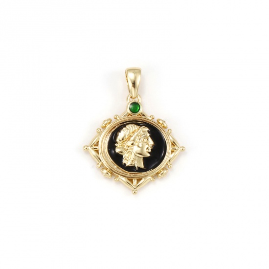 Imagen de 1 Unidad Respetuoso del Medio Ambiente Latón Coin Colgantes Charms 18K Oro Real Chapado Negro Ronda Humano Esmalte 23mm x 18mm