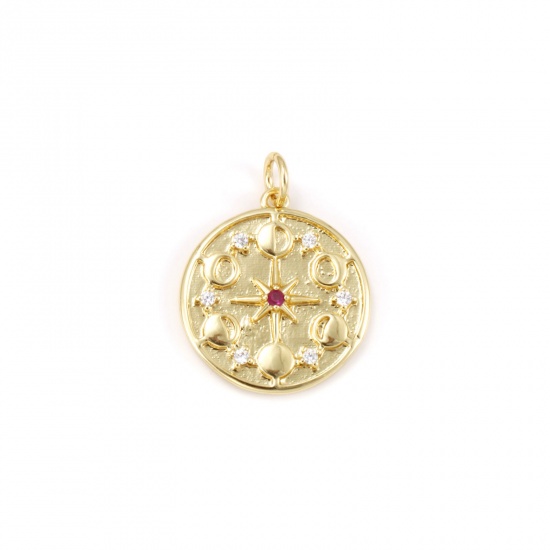 Imagen de 1 Unidad Respetuoso del Medio Ambiente Latón Galaxia Colgantes 18K Oro Real Chapado Ronda Disco Estrella Micro Pave Fucsia Circón Artificial 23mm x 17.5mm