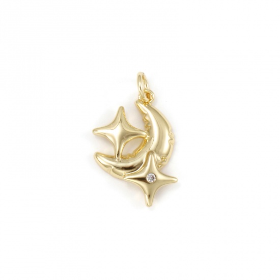 Imagen de 1 Unidad Respetuoso del Medio Ambiente Latón Galaxia Colgantes 18K Oro Real Chapado Luna Media Estrella Claro Circón Artificial 23mm x 15mm