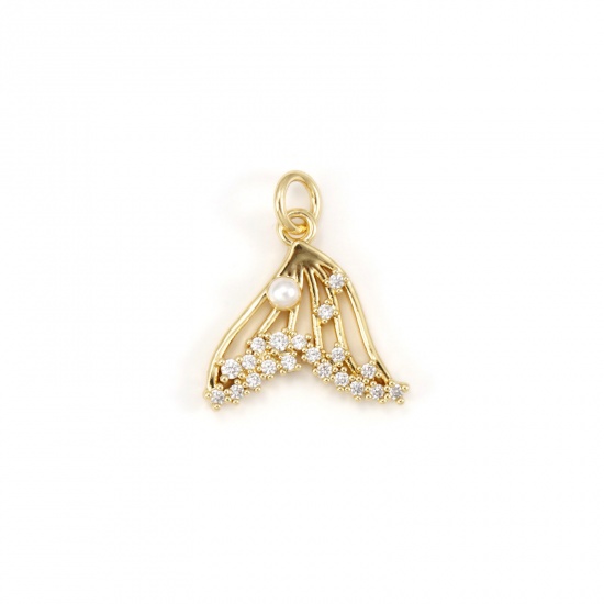 Immagine di 1 Pz Ecologico Ottone Ciondoli 18K Vero Oro Placcato Fishtail Perla Imitato Acrilico Trasparente Cubic Zirconiae 19mm x 16mm