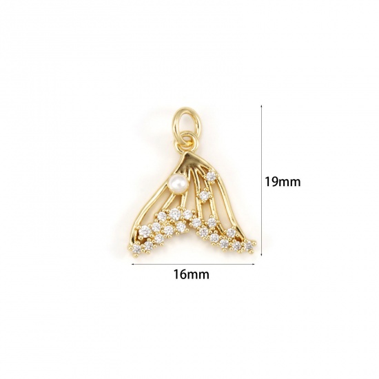 Immagine di 1 Pz Ecologico Ottone Ciondoli 18K Vero Oro Placcato Fishtail Perla Imitato Acrilico Trasparente Cubic Zirconiae 19mm x 16mm