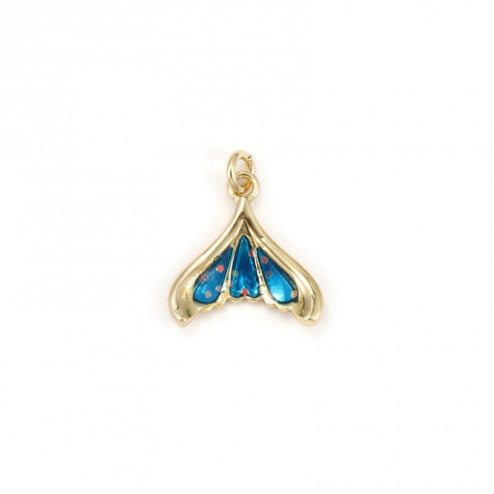 Immagine di 1 Pz Ecologico Ottone Ciondoli 18K Vero Oro Placcato Blu Smalto Fishtail Paillettes 16.5mm x 14mm