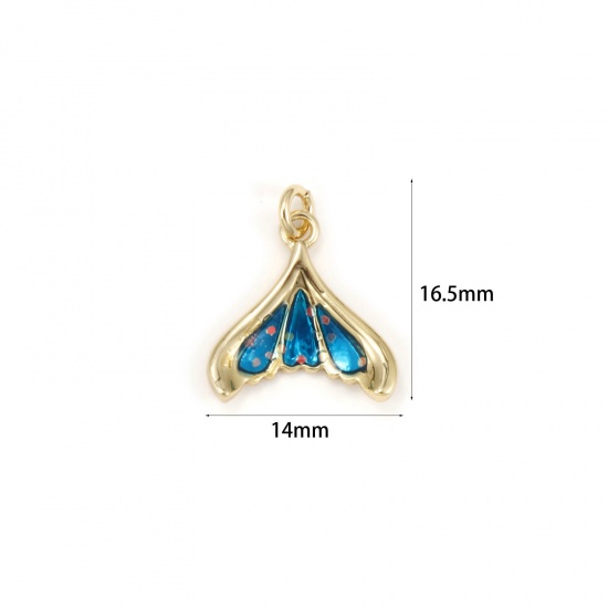 Immagine di 1 Pz Ecologico Ottone Ciondoli 18K Vero Oro Placcato Blu Smalto Fishtail Paillettes 16.5mm x 14mm