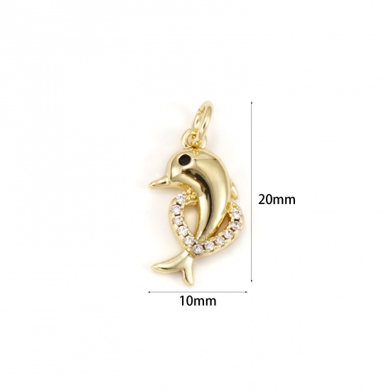 Immagine di 1 Pz Ecologico Ottone Gioielli Oceanici Ciondoli 18K Vero Oro Placcato Delfino Trasparente Cubic Zirconiae 20mm x 10mm