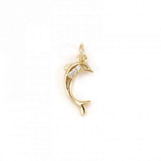 Immagine di 1 Pz Ecologico Ottone Gioielli Oceanici Ciondoli 18K Vero Oro Placcato Delfino Micro Spianare Trasparente Cubic Zirconiae 20mm x 8mm