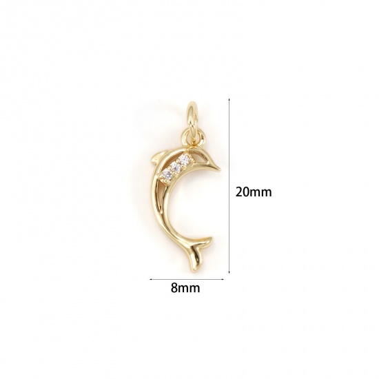 Immagine di 1 Pz Ecologico Ottone Gioielli Oceanici Ciondoli 18K Vero Oro Placcato Delfino Micro Spianare Trasparente Cubic Zirconiae 20mm x 8mm