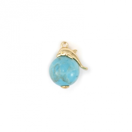 Immagine di 1 Pz Ecologico Ottone & Acrilico Gioielli Oceanici Ciondoli 18K Vero Oro Placcato Verde Blu Delfino Turchese Imitato 17mm x 14mm