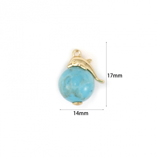 Immagine di 1 Pz Ecologico Ottone & Acrilico Gioielli Oceanici Ciondoli 18K Vero Oro Placcato Verde Blu Delfino Turchese Imitato 17mm x 14mm