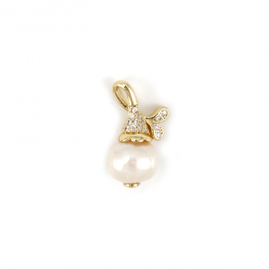 Immagine di 1 Pz Ecologico Perla Naturale & Ottone Ciondoli 18K Vero Oro Placcato Goccia Trasparente Cubic Zirconiae 19mm x 11mm