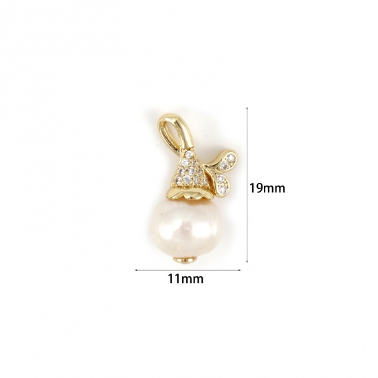 Immagine di 1 Pz Ecologico Perla Naturale & Ottone Ciondoli 18K Vero Oro Placcato Goccia Trasparente Cubic Zirconiae 19mm x 11mm