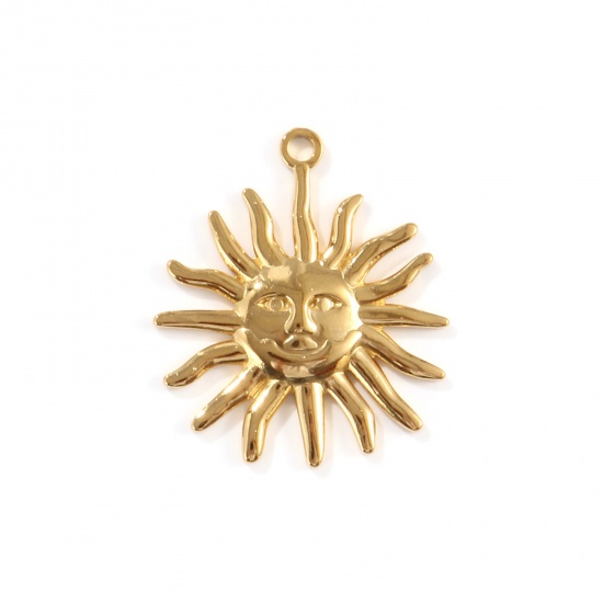 Picture of 2 PCs Eco-friendly PVD Vacuum Plating 304 Stainless Steel Galaxy Pendants 18K Gold Plated Sun Face 3.1cm x 2.7cm